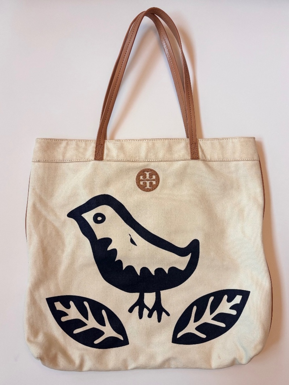 Tory Burch Ella Canvas Bird Tote Cream Navy Leather Trim Large Shoulder Bag